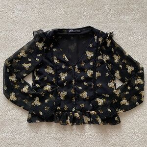 Black Floral Ruffled Blouse